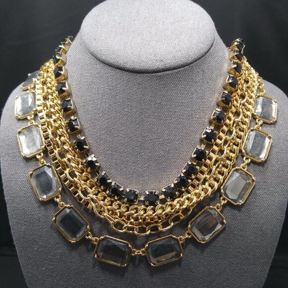 Multi Chain Rhinestone Long Necklace, Black Gray Rhinestones, 5 Strands, 26 Inch - Picture 1 of 6